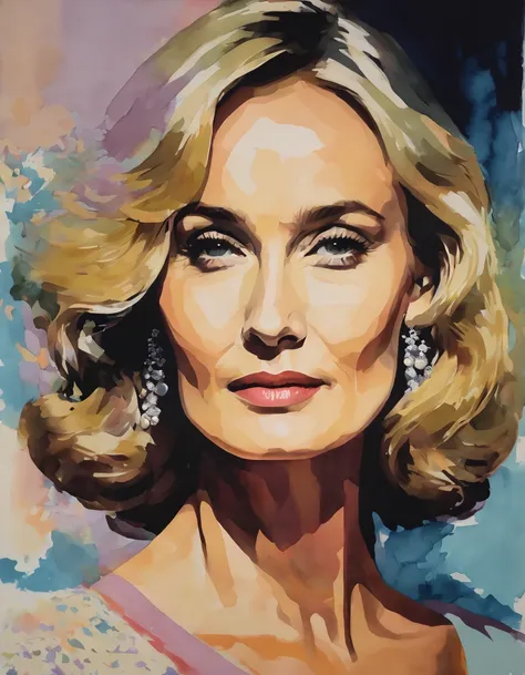 portrait of Jessica Lange celebrity using simple shapes and a limited color palette multiple figures vintage style 1970s