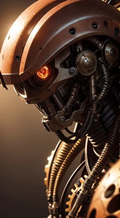 Mechanical alien creature, gears, wires, detailed face features, bronze light eyes, copper tubing, photorealistic, 8k, high resolution, 