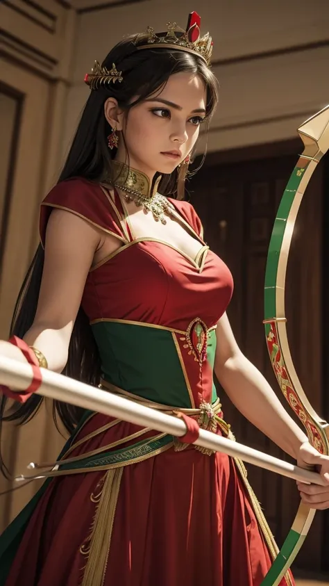 Queen Aiming the bow and arrow with decent dress in red and green colours mixed costume