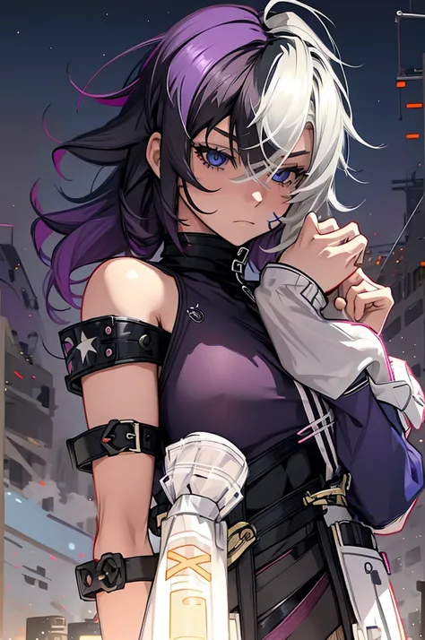 streaked_hair,multicolored_hair,purple hair,black hair,cross-laced_clothes,hairpin,star(symbol),cross-laced_corset,short hair, GtsGiga, giantess art,Rampage, bare shoulder,croptop, leopard print legging,gaudy,neon sun visor,large bosom, full body