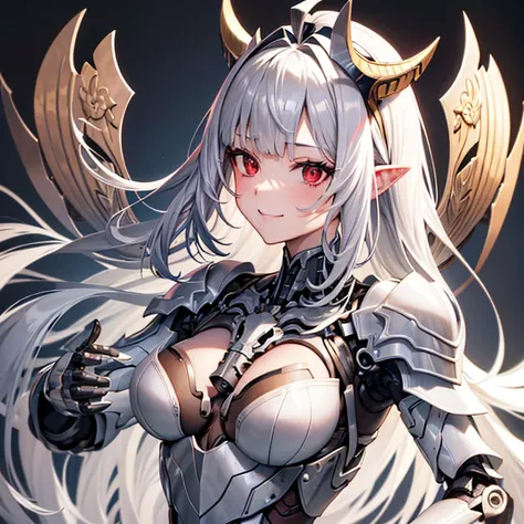 chest, High resolution, Gaze, smile, Shortcuts, bangs, Red eyes, Headpiece, 目の間のbangs, Headband, Horns of the beast, Multiview, Decorative art, masterpiece, accurate, Anatomically correct, 最high quality, High resolution, High detail, High-resolution model,...