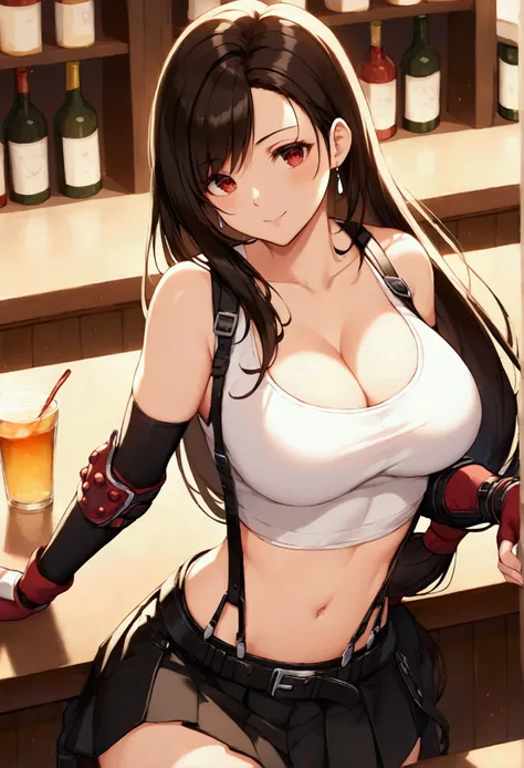 (score_9, score_8_up, score_7_up), BREAK  (masterpeace),(best quality),(aesthetic,very aesthetic),(highly detailed),nsfw.1girl, tifa lockhart, final fantasy,(beautiful). black hair, low-tied long hair, red eyes, bangs, white tank top,gap, belt, pleated ski...