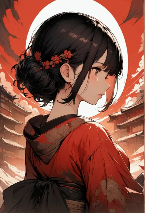 (Detailed and top quality illustrations:1.2), (pretty girl:1.0), (1 girl, alone:1.0), (Black short hair:1.0), (Red kimono:1.0), (Upper Body:1.0), (Very detailed, High resolution, 4K:1.0),