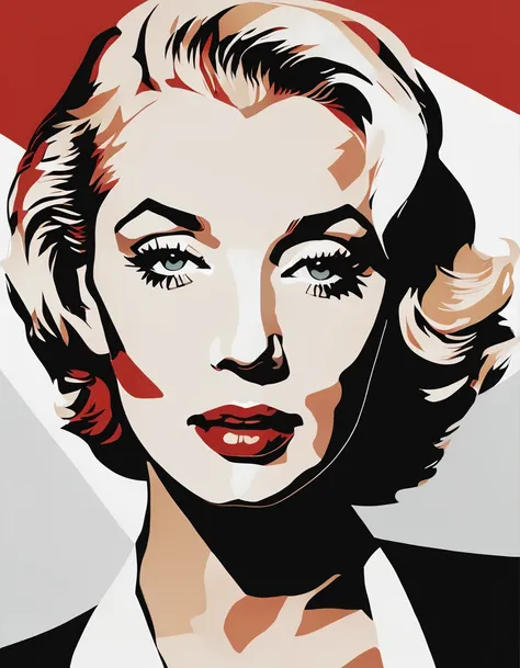 portrait of marilyn monroe celebrity using simple shapes and a red black blonde limited color palette multiple figures