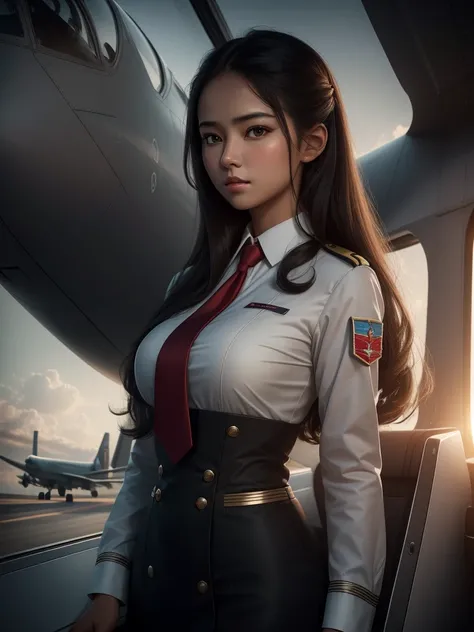 Ultra HDR 16K , ​masterpiece ,  young woman , Stewardess , longye hair , in stewardess clothes, dark theme soft tones soft colors ,hight contrast ,(natural skin texture, Hyper-Realism,Crisp soft light ) background red , airplane background