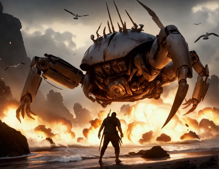 a steam punk crab cyborg, robotic seagull, battle on beach, highly detailed, cinematic, dramatic lighting, gritty, moody, metallic textures, rust, steam effects, explosion effects, epic scale, dynamic poses, photorealistic, 4k, 8k, hyper detailed, award wi...