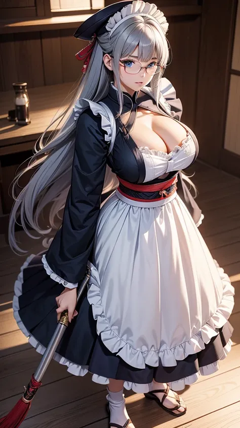 anime(Hyakka Ryouran: Samurai Girls), female teen , sexy (very big tits), actress (Hanzo Hattori) ,  Blue eyes , Gray hair that is To Chest length, hair intakes, hat, frills, glasses, multiple ahoge, dress (maid), She was cleaning the ninjas weapons. 