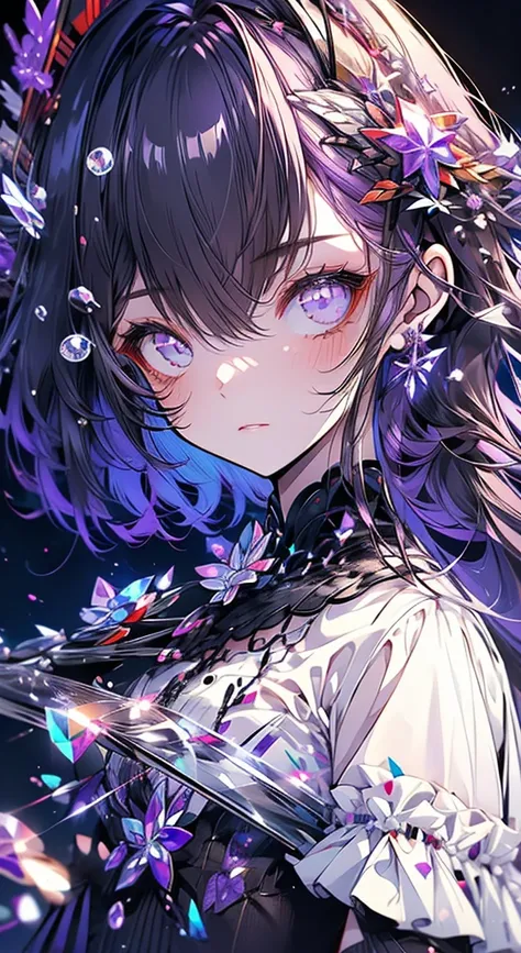 a beautiful girl, with siren eyes, purple Coloured pupils, with a beautiful long black hair, amethyst accessories, wearing a beautiful purple dress