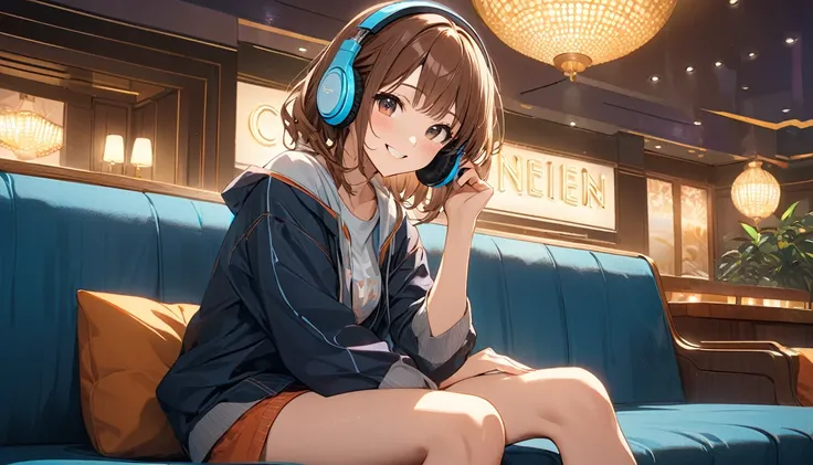 Brown-haired girl wearing headphones、Cinema lobby highly detailed、masterpiece, Highest quality, Light background：Modern cinema lobby look：Hopeful Smile Costume：Casual movie watching style pose：Sitting on a sofa in the lobby：The vibrant atmosphere of the ci...