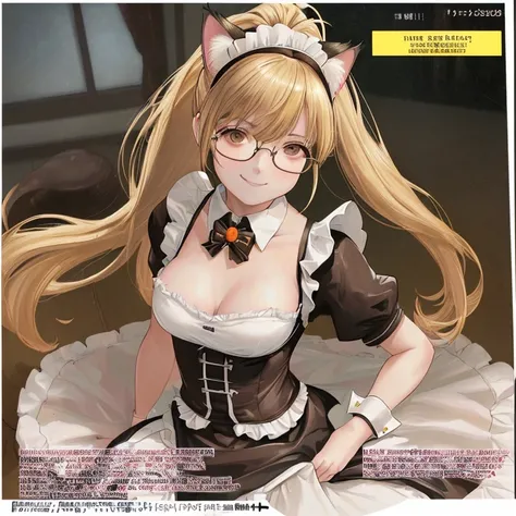 High resolution, Exposed breasts, bangs, Blonde, Brown Hair, ponytail, Cat ear, Maid Head Accessories, Dutch Angle, Anatomically correct, Highest quality, High resolution, masterpiece, accurate, High detail, Ultra high definition, Bangs, smile, Character p...