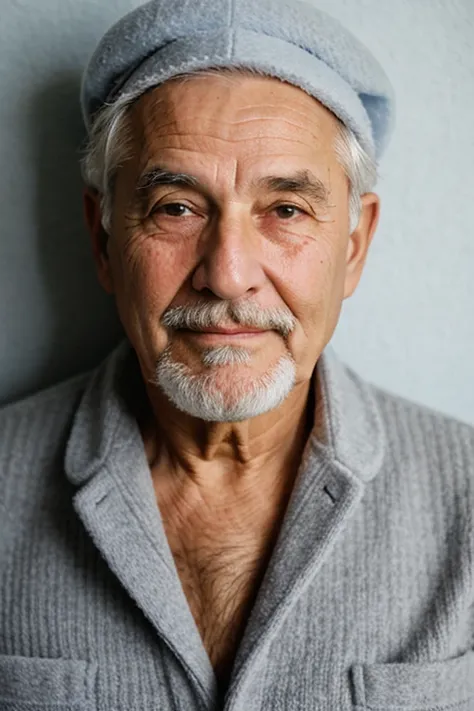 An elderly man with old features, sharp nose, little gray hair, gray beard, ,light blue slippers and nightcap