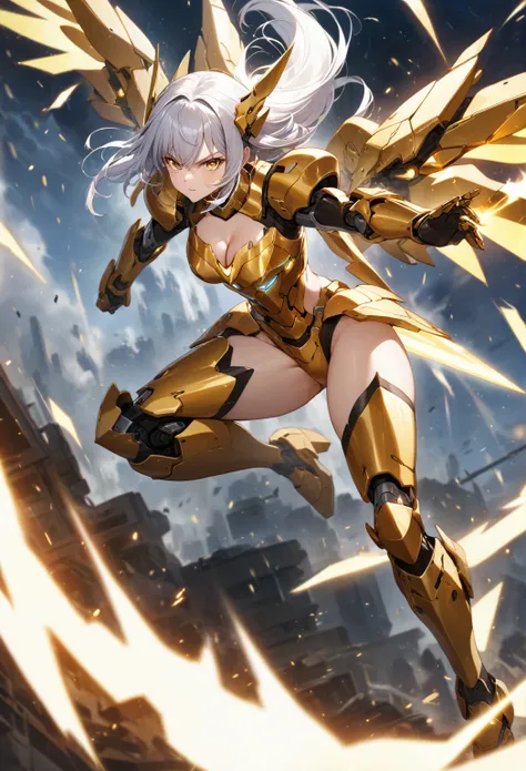 score_9_up, score_8_up, score_7_up, source_anime,masterpiece, best quality, high resolution, extremely detailed CG, absurdres, highres, 1girl, solo, a mecha girl in golden armor with glowing mecha_wings fights at battlefield, ((body surrounded by yellow Ba...