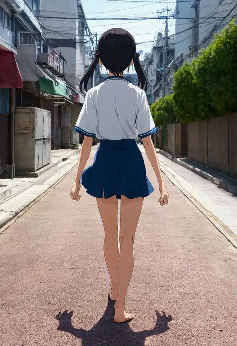 An image of an anime girl walking around showing her feet and soles 