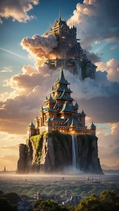 Majestic floating castle inspired by Laputa, emerging from massive cumulonimbus clouds over modern Tokyo skyline, bright daylight, clear blue sky, hyper-realistic, awe-inspiring, ancient meets futuristic architecture, intricate details, hanging gardens, wa...