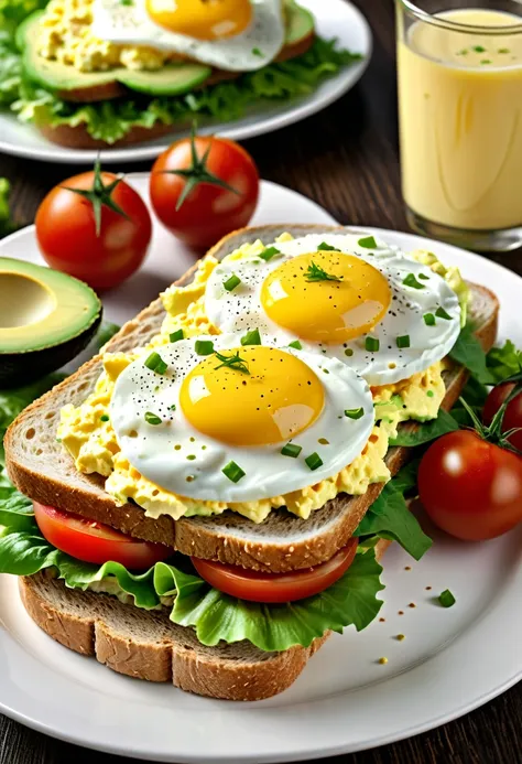 the sandwich is served on fluffy, long, thin bread, and contains a (mixture of scrambled eggs and mayonnaise), avocado, sliced ​...