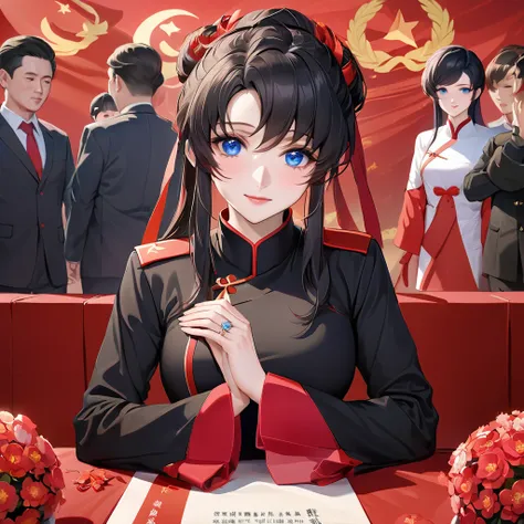 ((Highest quality)), ((masterpiece)), (detailed), （Perfect Face）、The woman is a Chinese Lacus Clyne with blue eyes and medium-long black hair. She is wearing an engagement ring. She has become a member of the glorious Chinese Communist Party and has sworn ...