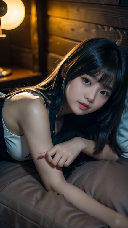 (((full body))), (((10 year old girl))), (((in dark cabin at night))), (((tired girl lying on back on bed))), (((trainer and super mini skirt))), Japanese, cute, dark hair, bobbed hair, (((faint lamp lighting))), straight face, no smile, uneasy expression,...