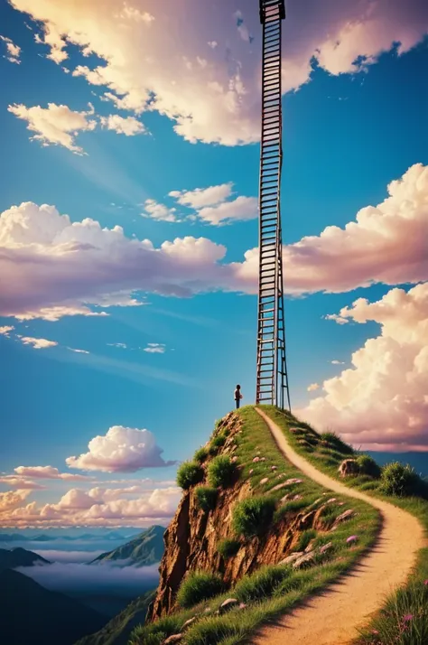 Create a color painting of people lining upthe ladder above the clouds towarda light like heaven