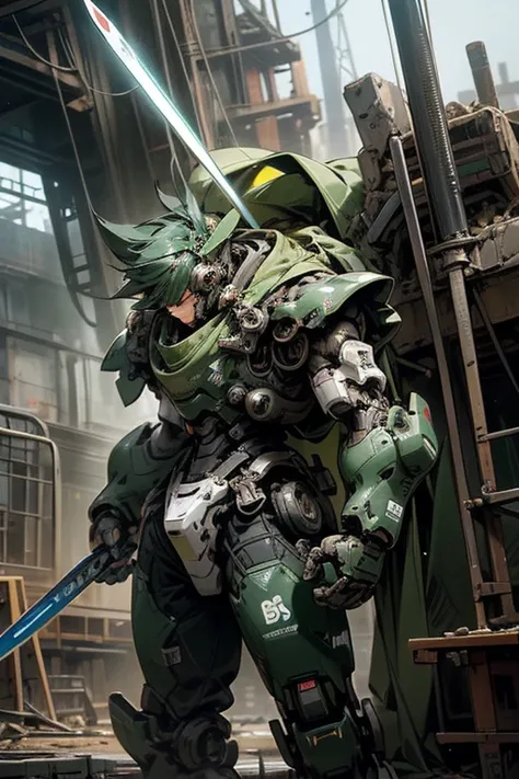 HERO robot,meca,droid,heaby armor massive,human_not,anime style,holding_sword,masterpiece,masterpiece,best quality,super detailed,super fine illustration,8k,industry meca design,green color,giant size.Break in battlefield,煙,destroyed building,detailed back...