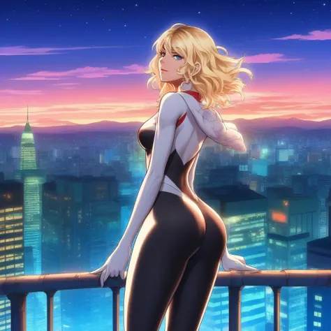 anime artwork a full body blond woman wears a bodysuit on top of a building, night, city lights background  . anime style, key v...