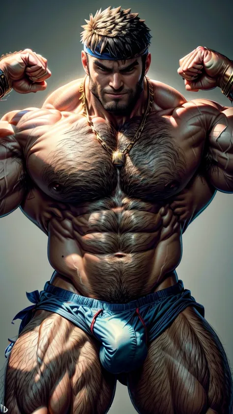 Ryu Street Fighter, bare-chested, massive bulge in the beach underwear, hairy legs wide open, thick thighs, muscular giant, 3 meters tall bodybuilder, flexing, massive biceps, oversized biceps are 240 inches, with long oversized arms, bulging muscles, prom...