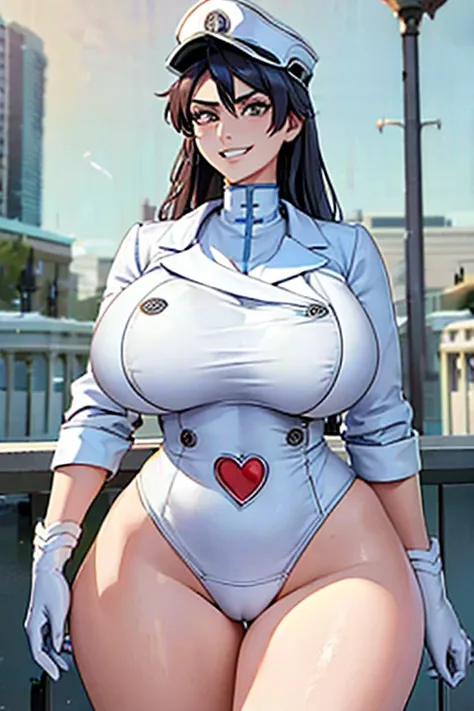 (best quality), (masterpiece), 1 girl, early 20s, huge heavy breasts, busty, massive breasts, thick, thick lips, wide hips, thin waist, white military uniform, white hat, white gloves, meaning, evil grin, detailed face, parted lips