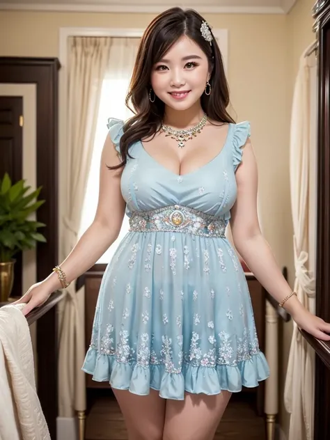 A beautiful and hot almost chubby mature woman.who is wearing a patterned short dress and is and standing in bedroom. A smiling face、Sexy woman、A radiant smile、adorable、race、Frills、Colorful design、Full-length mirror、An inviting gaze、Gorgeous long and beaut...