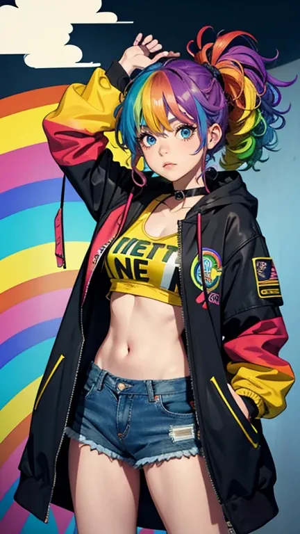 Tied up messy attractive girl, Rainbow Curly Hair, Rainbow Style Jacket, Cool bomb explosion background