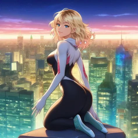 anime artwork a full body blond woman wears a bodysuit on top of a building, night, city lights background  . anime style, key visual, vibrant, studio anime,  highly detailed,grabbing your own ass, hand on roof ass