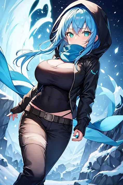 1girl, blue hair, medium hair, huge breasts, breasts, green eyes, scarf, covered mouth, jacket, forest, snow, black jacket, hoddie, hooded jacket, hood on, hood up, zipper, gloves, glowing hair, glowing eyes, light blue hair, sky blue hair, night sky, sky,...