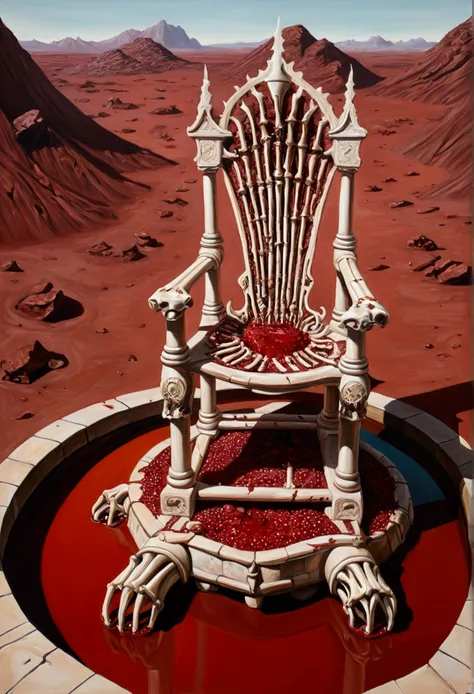 A throne made out of bones, mars landscape, pool of blood, art by Tim Jacobus, oil painting