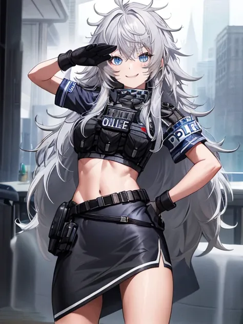 Tabletop, Highest quality, High resolution, One Girl, alone, Long Hair, Have, blue eyes, Gray Hair, My hair is messy, Black gloves, White socks, Police uniform, Black Skirt, Short sleeve, Cowboy Shot, salute, Put your hands on your hips,smile,