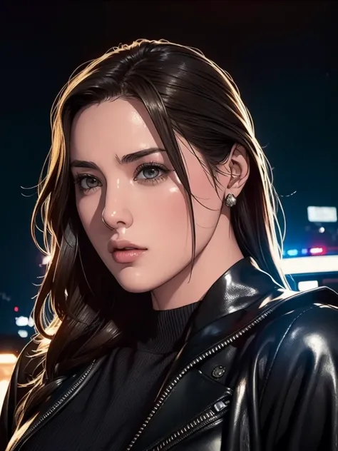 portrait of a beautiful female model natlp, georgia fowler, beautiful face, short dark brown hair, cyberpunk city at night. she ...