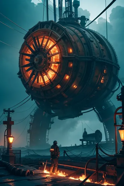 Mechanical Giant Octopus, gears, wires, metal plating, clock gears, electric wires, in the middle of the ocean, masterpiece,Highest quality,8k,High resolution, Fantastic,scary,horrific, Steam smoke, oil dripping, red light eyes, copper tubing, photorealist...