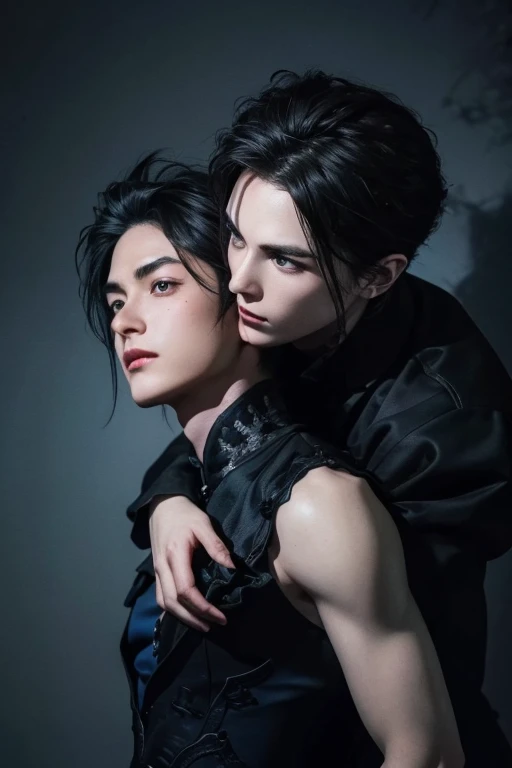 Stunning dark fantasy intricately detailed masterpiece in 32k, UHD, scene contains a 25 year old anime manga male vampire with pale skin, piercings, visibly tattooed with floral designs, fangs, in an intimatepose with long black hair grey eyes freckled ski...