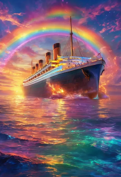 Iridescent Seaの上を走る大客Boat，Boat、The rainbow Titanic、colorful，Iridescent smoke、The rainbow TitanicはIridescent smokeを出している、Beautiful sea，wonderful景色，Seaside，Iridescent Sea、An atmosphere full of dreams and hope，masterpiece．16K, Ultra-high resolution, Ultra-hig...