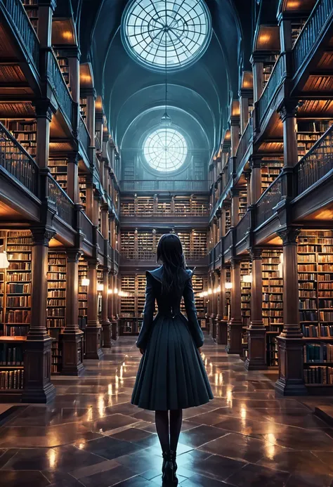 Anime scene of a girl in a library with many books, Vast library, The Eternal Library, Infinite Celestial Library, A library of Ruina concept art, Ancient Library, Infinite Library, The Great Library, standing inside a Library of Magic, Gothic epic library...