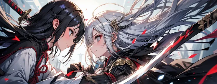 Two women facing each other with Japanese swords　Japanese clothing　Black and silver hair　tall　Narrow eyes　smile　Glare　frivolous attitude　Insanity　Sparks　battlefield