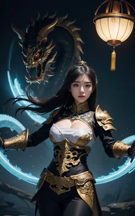 Ultra-high resolution，High-resolution details（Flying in the sky on a dragon），Chinese dragon，18 years old Korean girl，The facial features are beautiful and beautiful，Sexy lips，Holding weapons， (The future armor combines the characteristics of Chinese armor,...