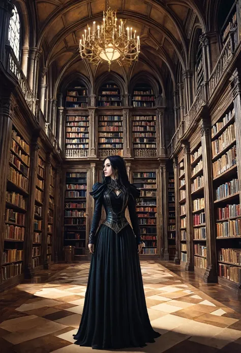 There is a woman standing in a library holding a bookshelf, A library of Ruina concept art, Infinite Celestial Library, Gothic Epic Library concept, The Eternal Library, The Great Library, standing inside a Library of Magic, Vast library, Castle Library, i...