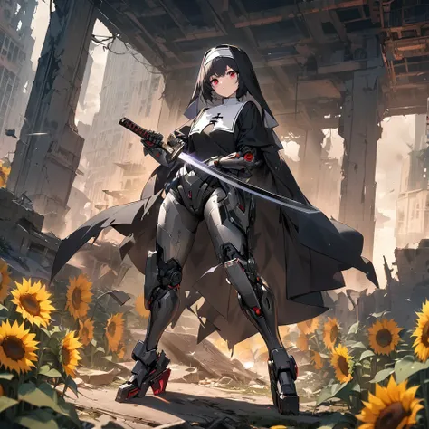 Top quality, masterpiece, high resolution, nun, black hair, red eyes, mechanical arms, mechanical legs, cyber style Japanese sword, cloaked in lightning, ruins, sunflowers