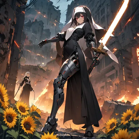 Top quality, masterpiece, high resolution, nun, black hair, red eyes, mechanical arms, mechanical legs, cyber style Japanese sword, cloaked in lightning, ruins, sunflowers