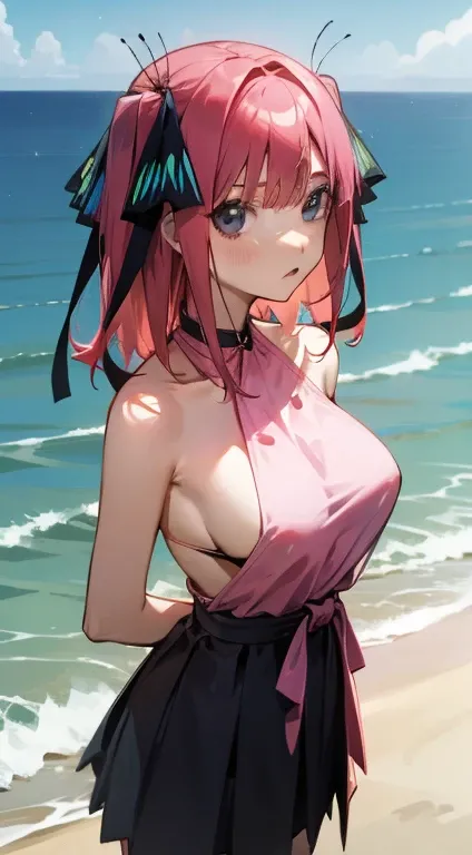  アニメ, looks at viewer, mar, pink  hair, two black and blue butterfly bows, 比基尼, beachfront, Panas, breasts big