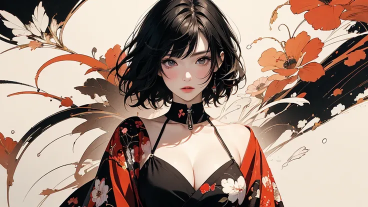 (masterpiece, High resolution, Highest quality), 20-year-old woman, Exposed cleavage, Japanese-style punk fashion:1.2, Petal Collage, abstract design, And handle background, warm color, artistic juxtapositions, mixed-media approach, Anime Style, Simple lin...