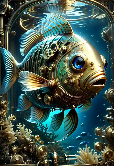 
                  Fish mechanical bio-patina cinematic light housing made of metal and gears is transparent(Partially transparent design allows you to see the internal mechanisms) ，bioluminescent basket fluorescent  (Mechanical big fish )Close-up backgrou...