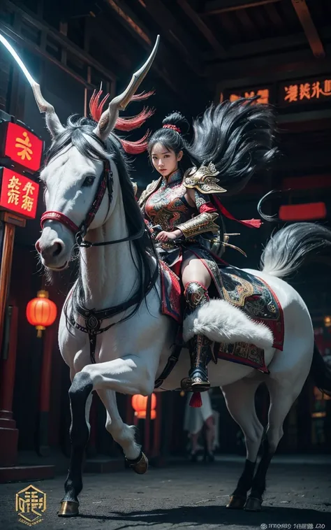 （Chinese woman riding a Chinese mythical beast），Kirin，Wearing future armor combined with the characteristics of Chinese armor,hollow-carved design,Power Armor,Mysterious oriental runes,Exquisite clothing patterns，Long hair fluttering in the wind,现代Fantasy风...