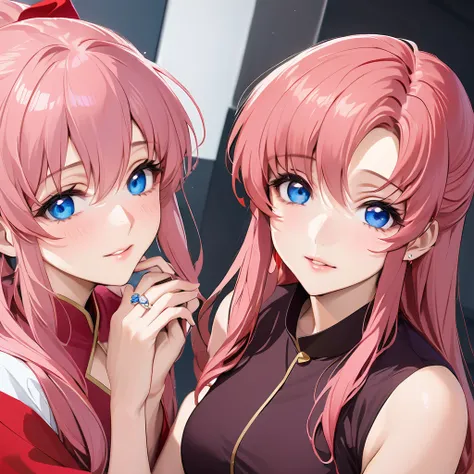 ((Highest quality)), ((masterpiece)), (detailed), （Perfect Face）、The woman is Lacus Clyne, who is married to a Chinese man, and is an ordinary Chinese woman with blue eyes, pink hair, and medium-long hair, wearing an engagement ring.