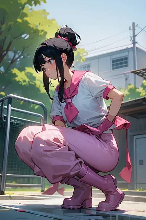 A female elementary school student with her black hair tied up, wearing short-sleeved gym clothes and long pants, wearing long pink rubber gloves and white rubber boots, cleaning the schoolyard in midsummer