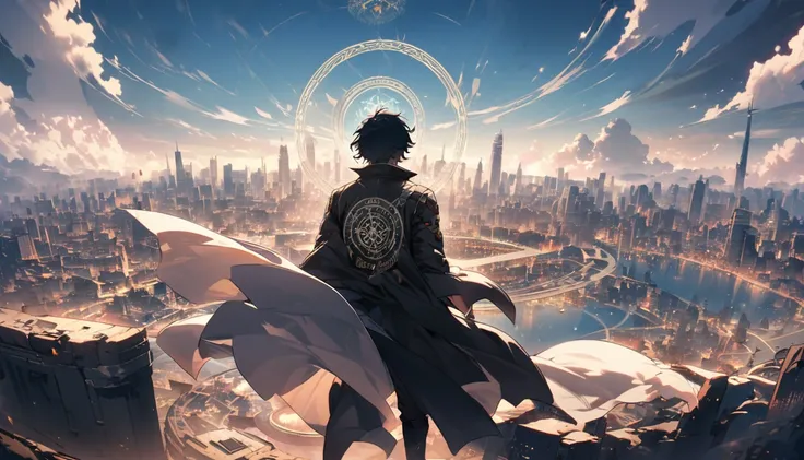 A pale magic circle floating in the air, ,The hero who stopped the world from being destroyed, The back of the character, City as background