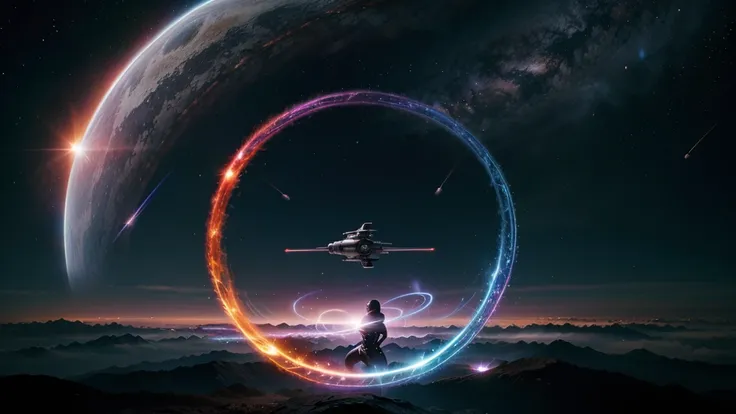 Sci-fi conceptual art, spiral Ying and Yang forces are core balancing factor of the world, wormhole, flying vehicle flying through, vivid colorful cosmos as background.